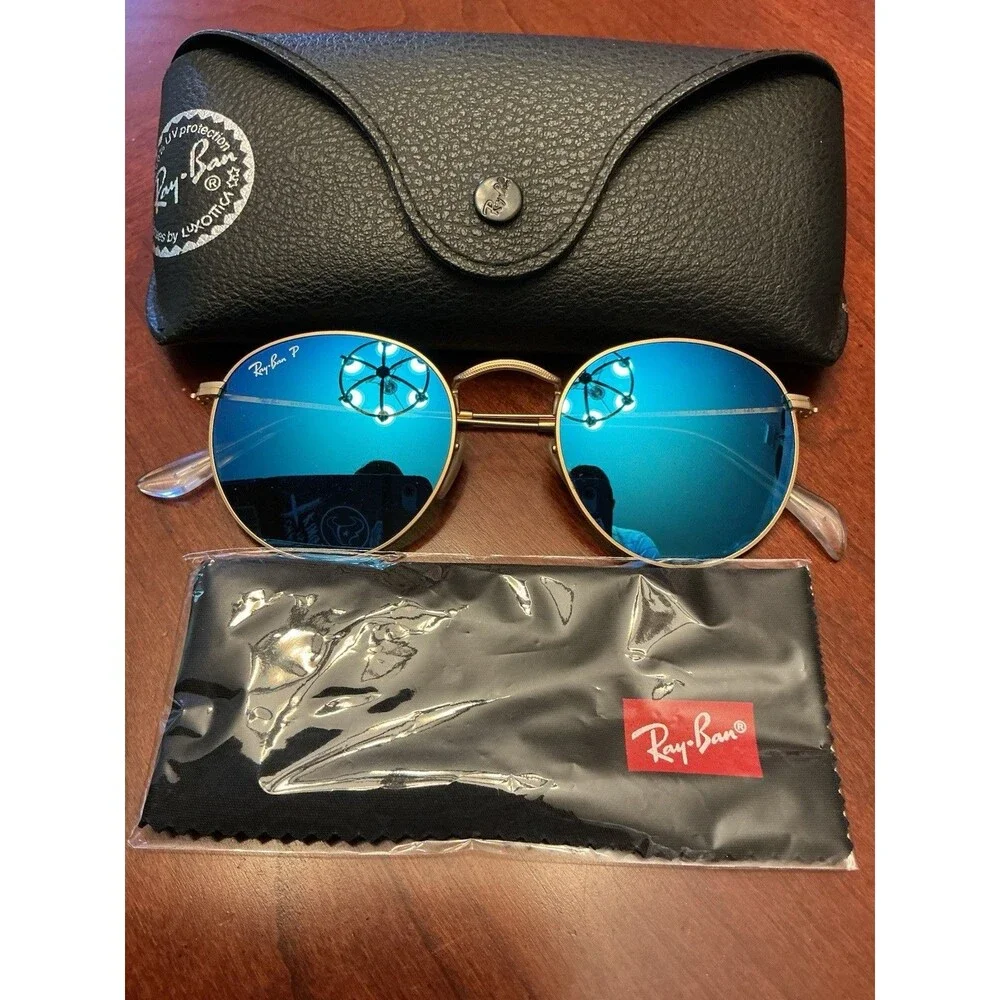 Ray-Ban RB3447 112/4L Round Metal Sunglasses Blue Mirror Polarized Gold 50mm 21